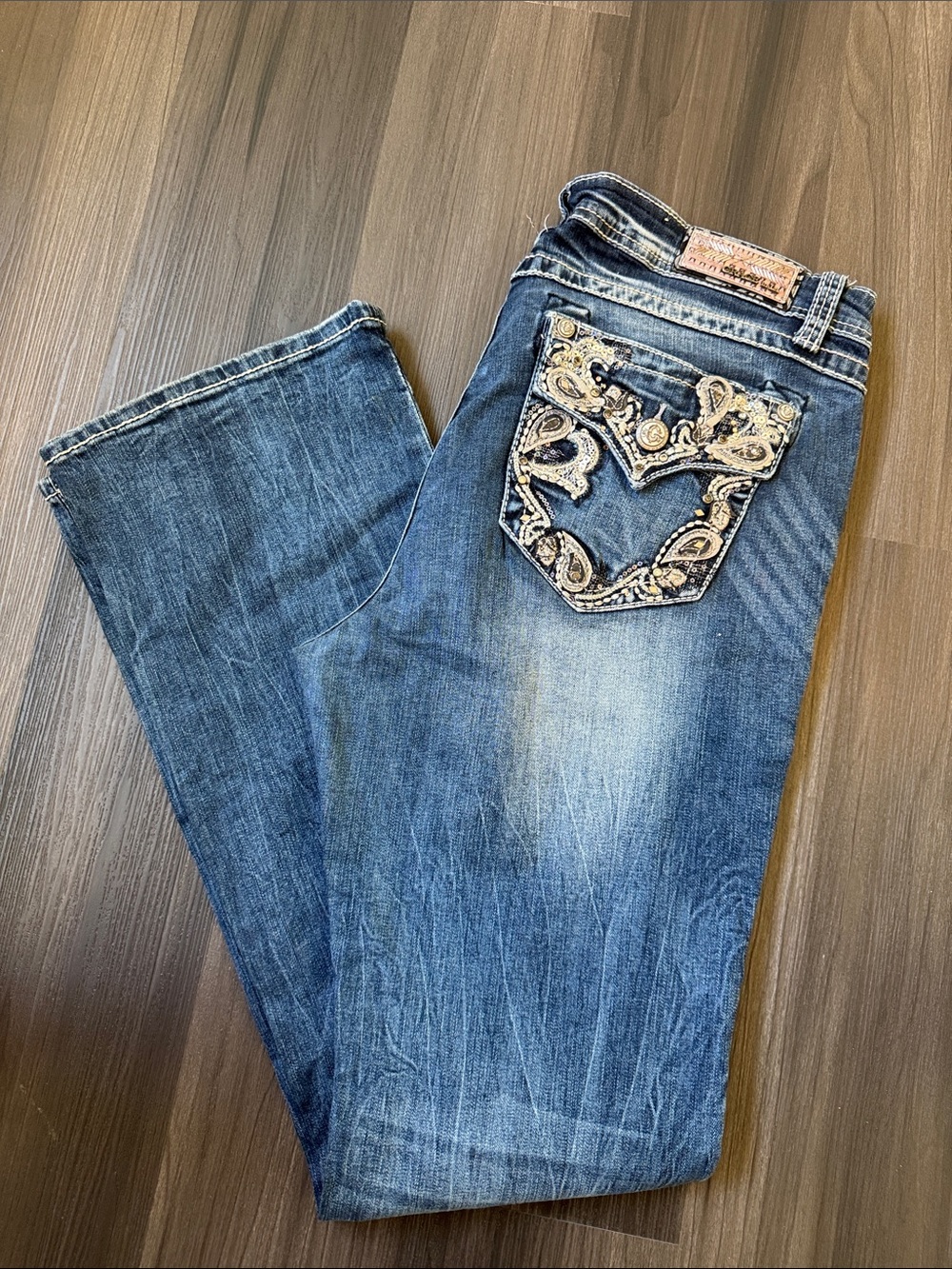 Grace in LA Medium Blue Bootcut Jeans with Embellished Back Pocket